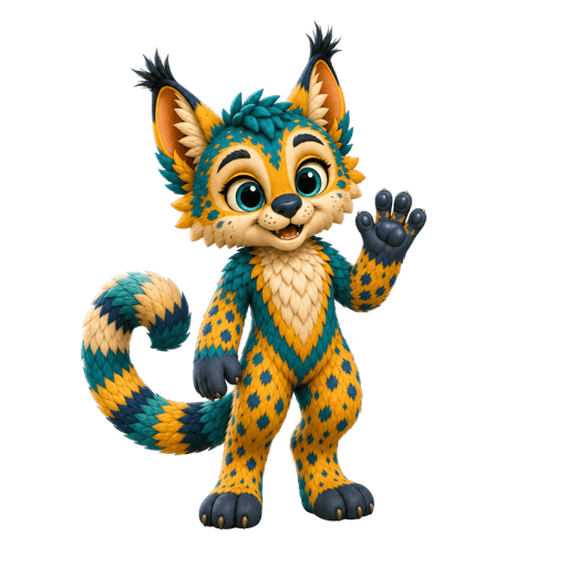 Rivvy, a golden and teal Maelorei, waving beside the Journey