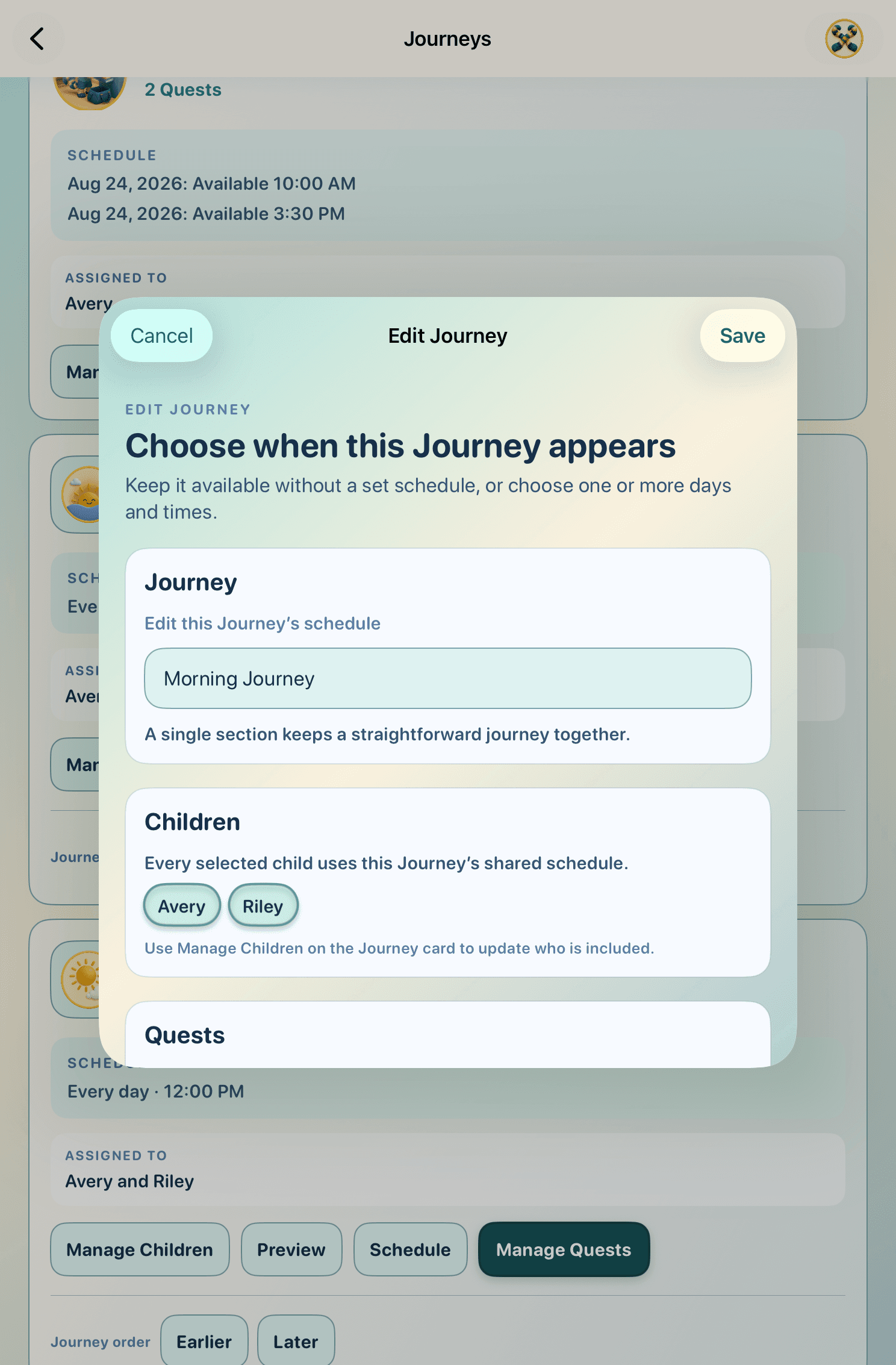 Parent Hub editor for the Morning Journey, with its schedule, participating children, and Quest settings visible.