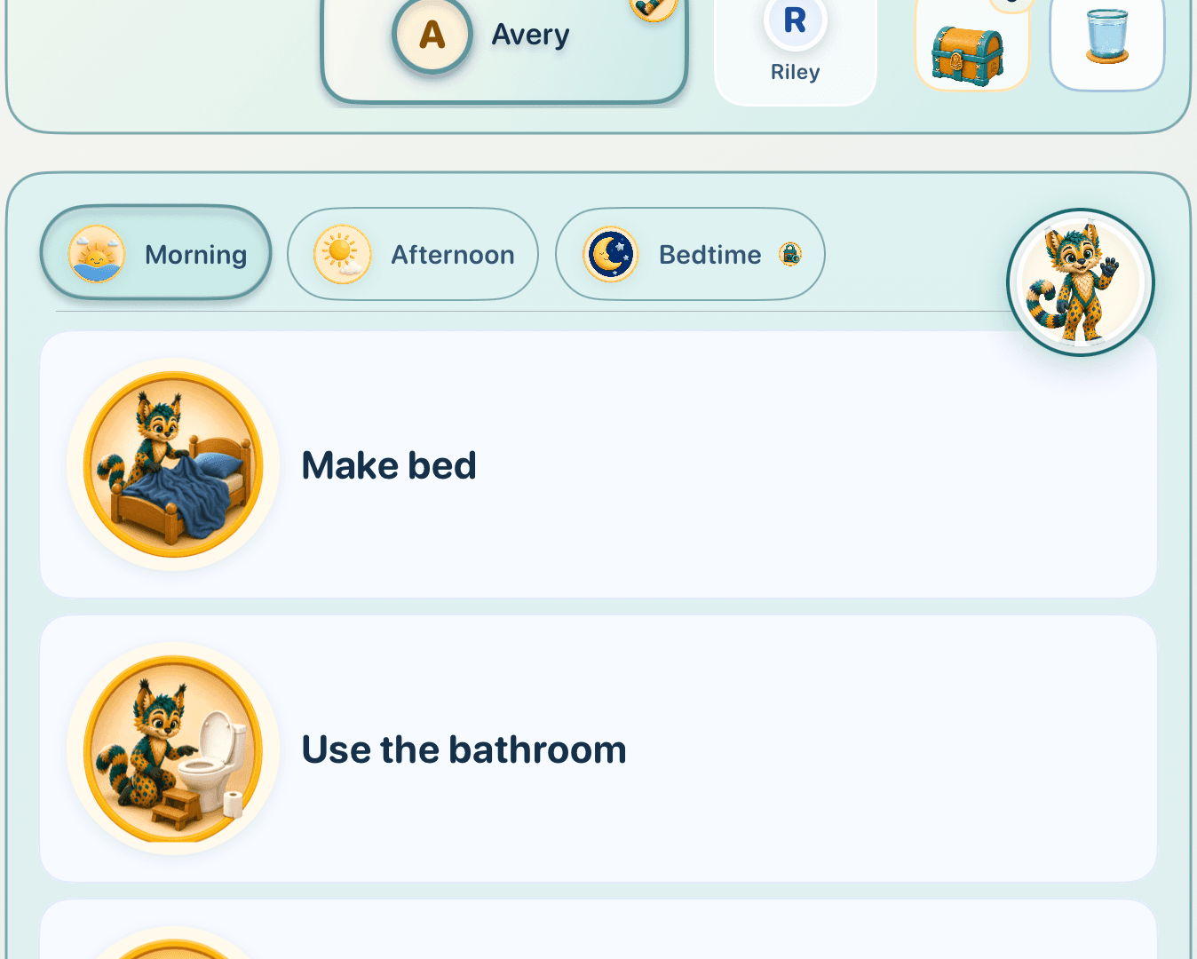 Focused Morning Journey view with Rivvy beside large picture-supported Make bed and Use the bathroom Quests.