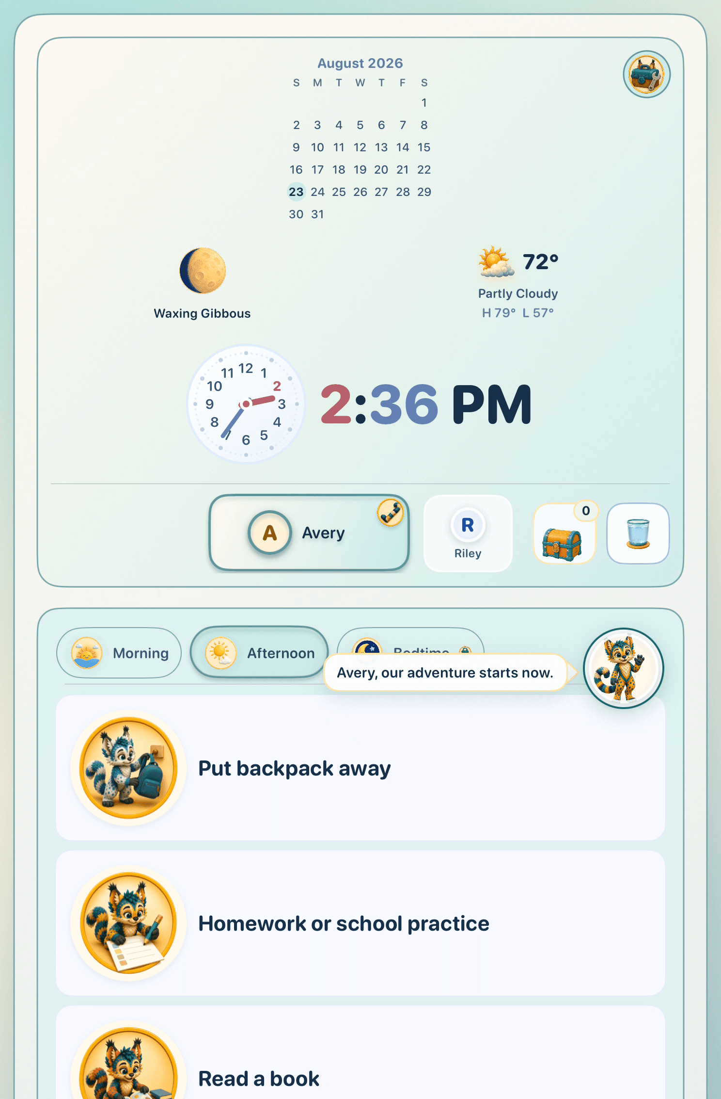 An Afternoon Journey showing the picture-supported Put backpack away, Homework or school practice, and Read a book Quests with a Maelorei companion.