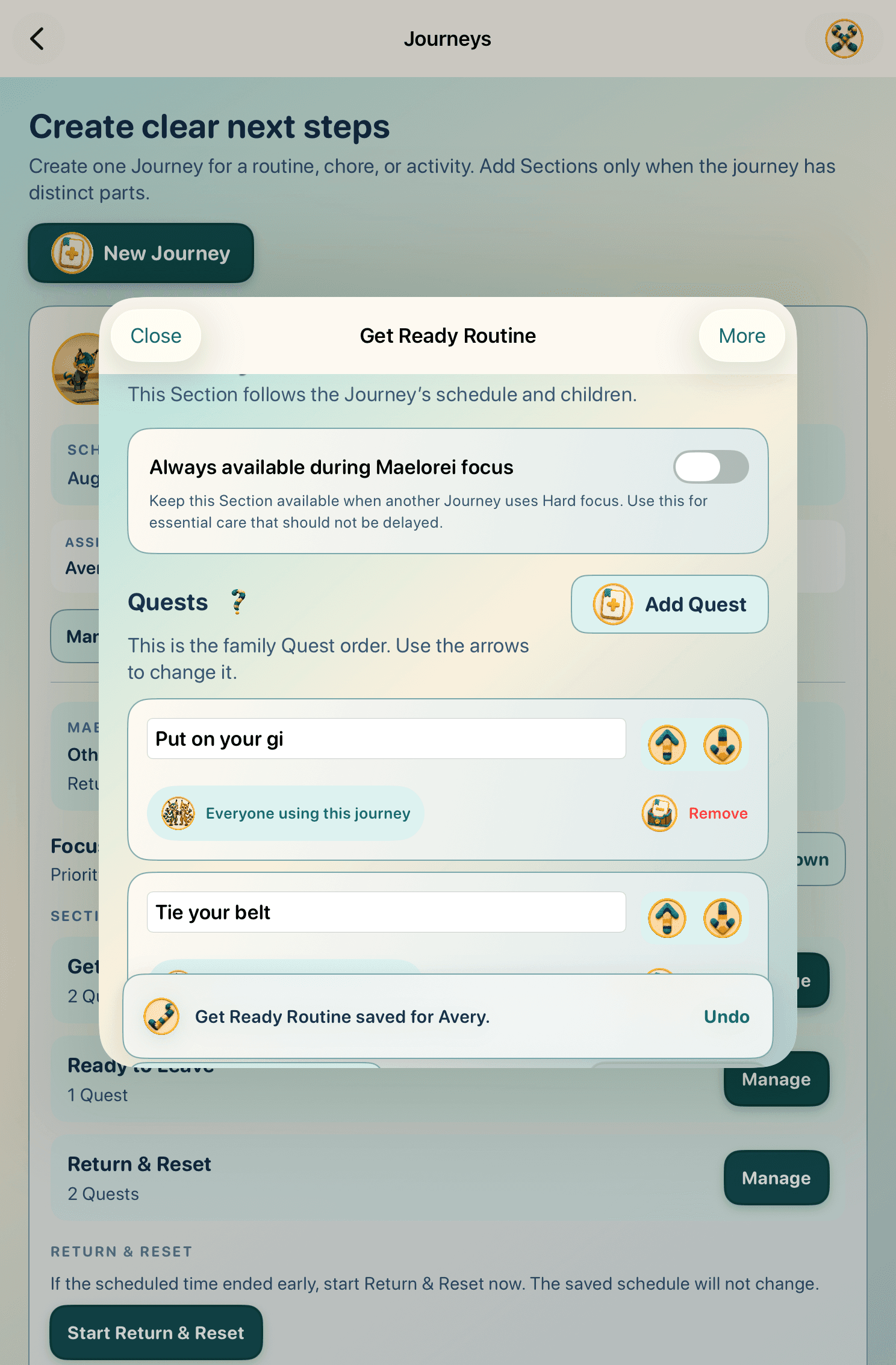 Parent Hub editor showing the Get Ready routine, its ordered Quests, and confirmation that the changes were saved for Avery.