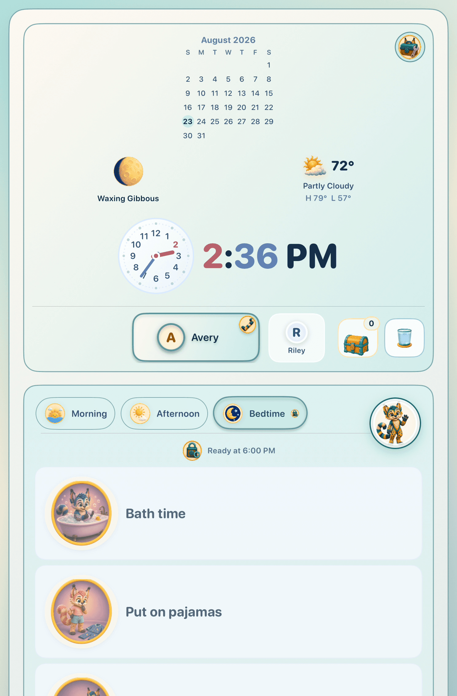 A child’s Bedtime Journey showing its ready time, Bath time and Put on pajamas picture-supported Quests, and Maelorei companion.