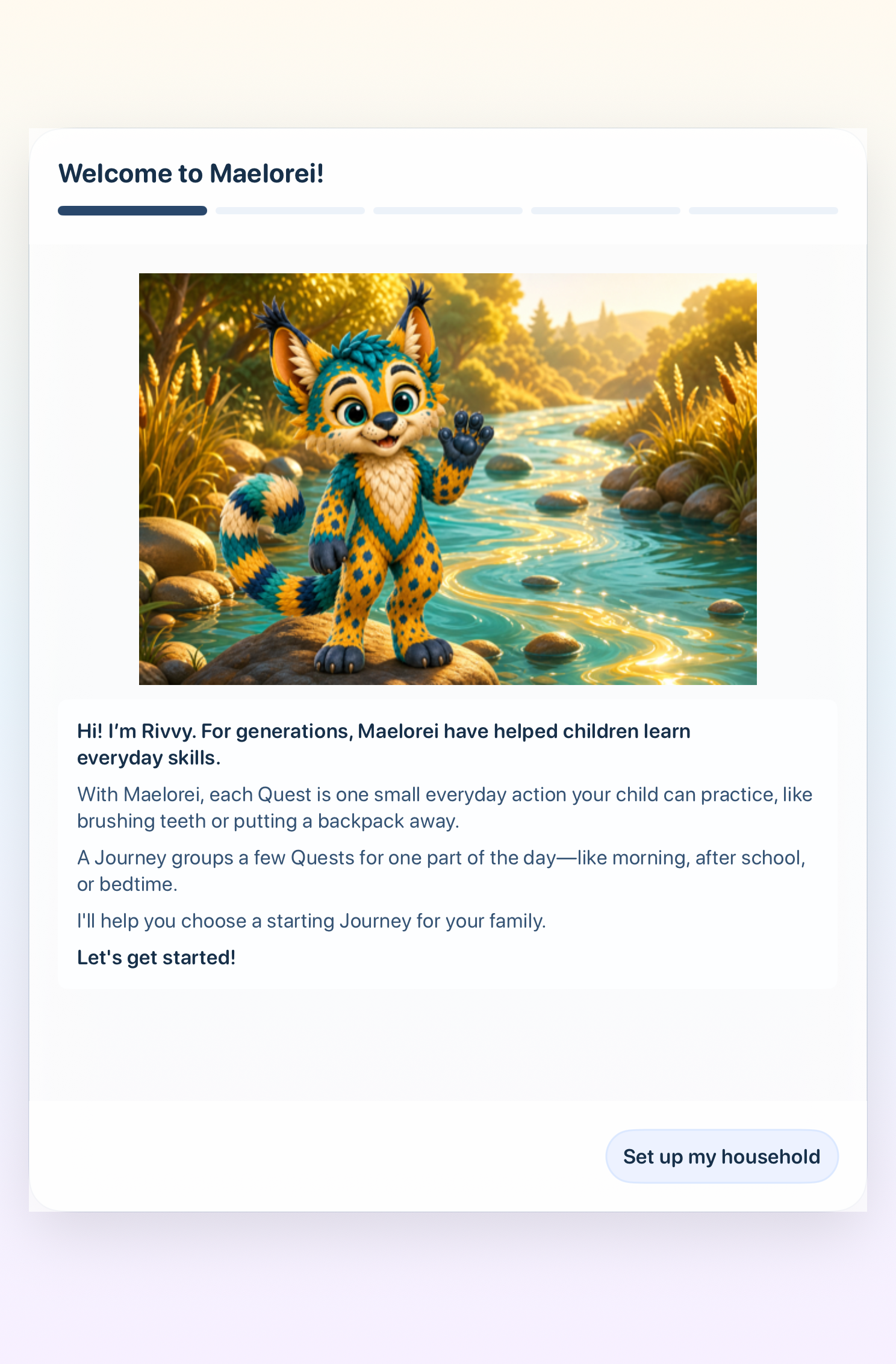Maelorei welcome screen on an iPad, showing Rivvy and the Set up my household button.