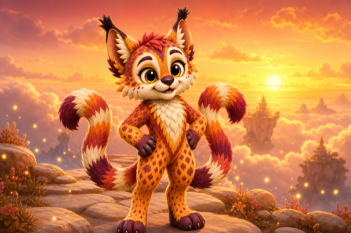Ember, an orange, gold, and burgundy Maelorei, beneath a sunset sky