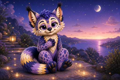 Luma, an indigo and lavender Maelorei, beneath a twilight sky