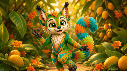 Mango, a green, orange, teal, and lime Maelorei, near a lively market