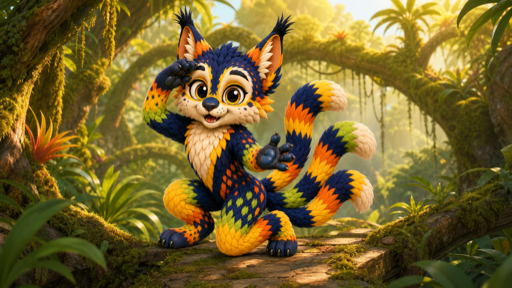 Tuki, a navy, orange, gold, and lime Maelorei, beside a winding trail