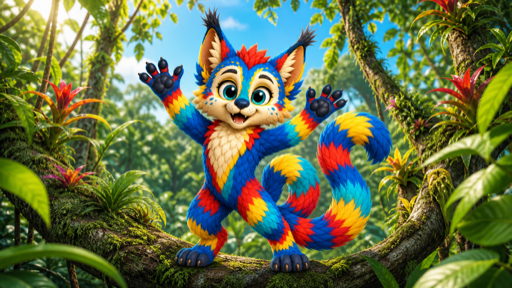 Ziggy, a bright blue, red, yellow, and teal Maelorei, among colorful trees